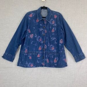 Alia Jean Jacket Womens 2X Blue Cotton Embroidered Flowers Pockets Metal Buttons